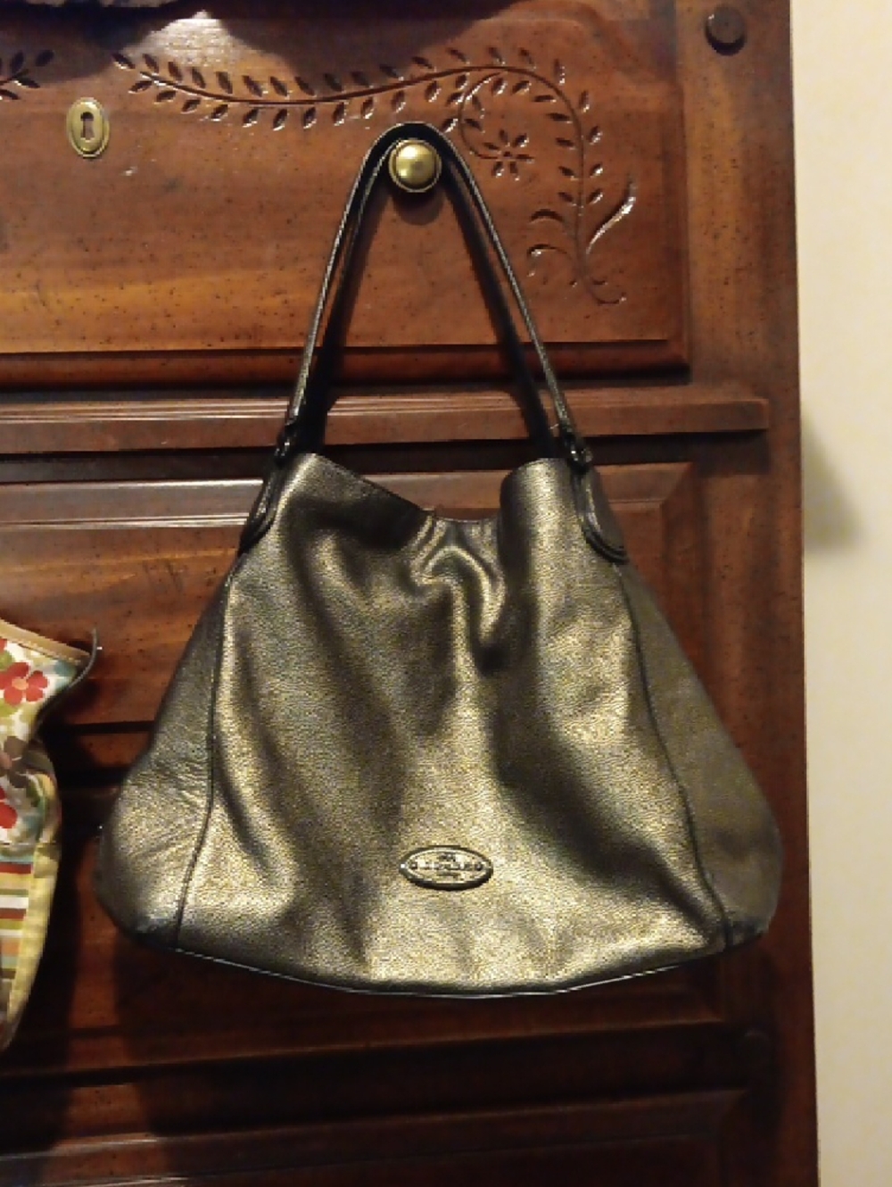 Coach Metallic Bronze Leather Tote with Oval Logo Plaque